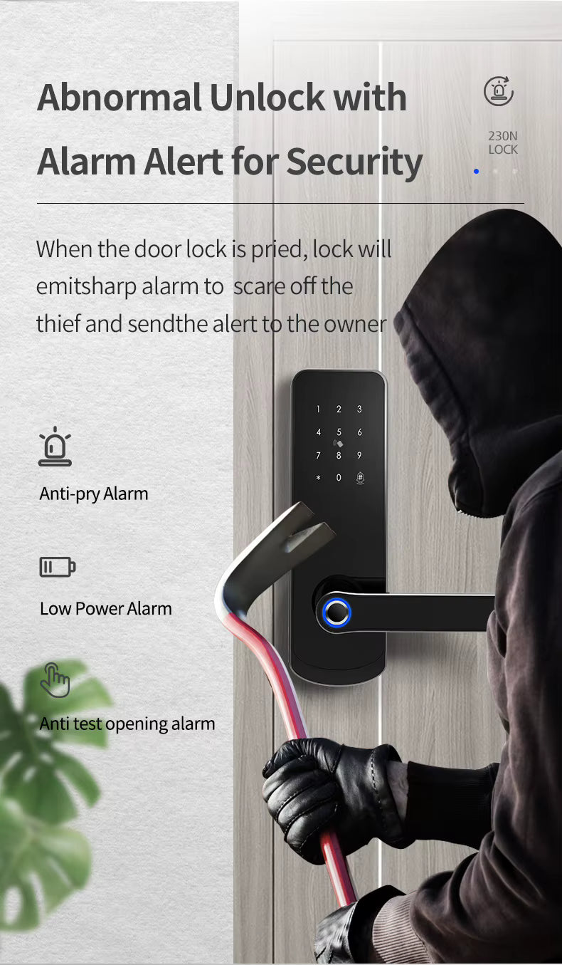 Wifi Smart Door Lock - Fingerprint | Keypad | Card | Tuya / TTLock App | Wifi build in | 5-Way Unlock | Anti-Tamper Alarm - FM230N