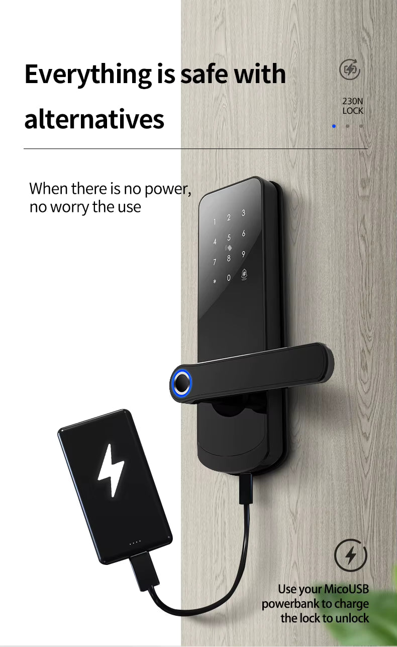 Wifi Smart Door Lock - Fingerprint | Keypad | Card | Tuya / TTLock App | Wifi build in | 5-Way Unlock | Anti-Tamper Alarm - FM230N