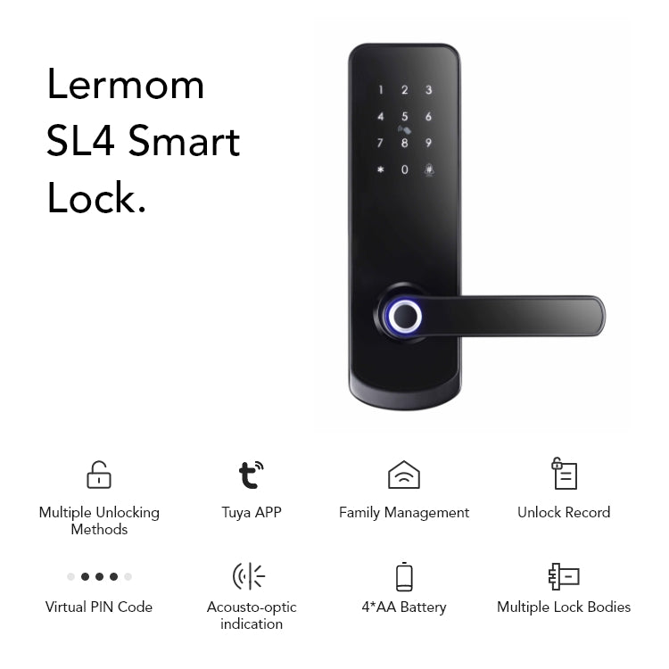 Smart Door Lock with Fingerprint, Keypad, Card & App | 5-Way Unlock | Tuya APP | Anti-Tamper Alarm - SL4
