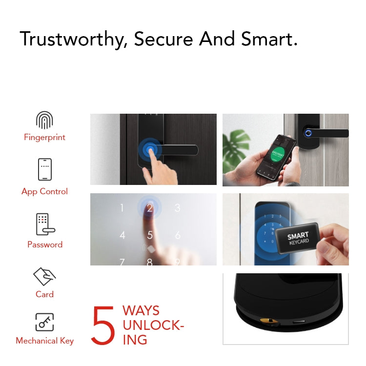 Smart Door Lock with Fingerprint, Keypad, Card & App | 5-Way Unlock | Tuya APP | Anti-Tamper Alarm - SL4