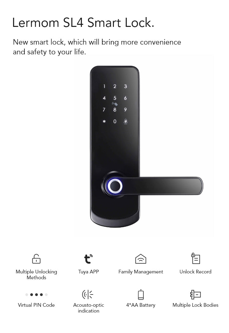 Smart Door Lock with Fingerprint, Keypad, Card & App | 5-Way Unlock | Tuya APP | Anti-Tamper Alarm - SL4