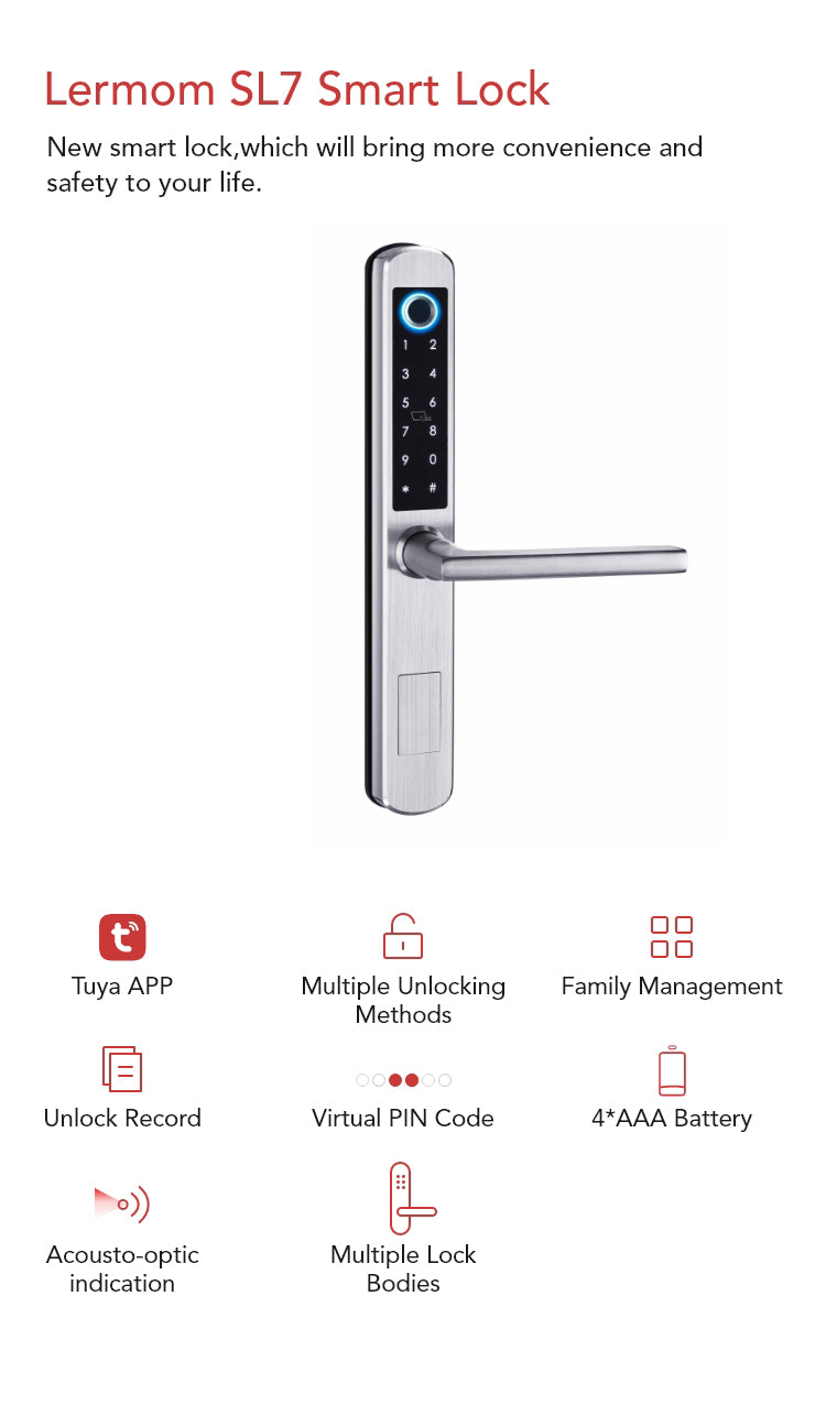 Smart Fingerprint Door Lock – 5-in-1 Unlock, Tuya App, 300 Users, Stainless Steel - SL7